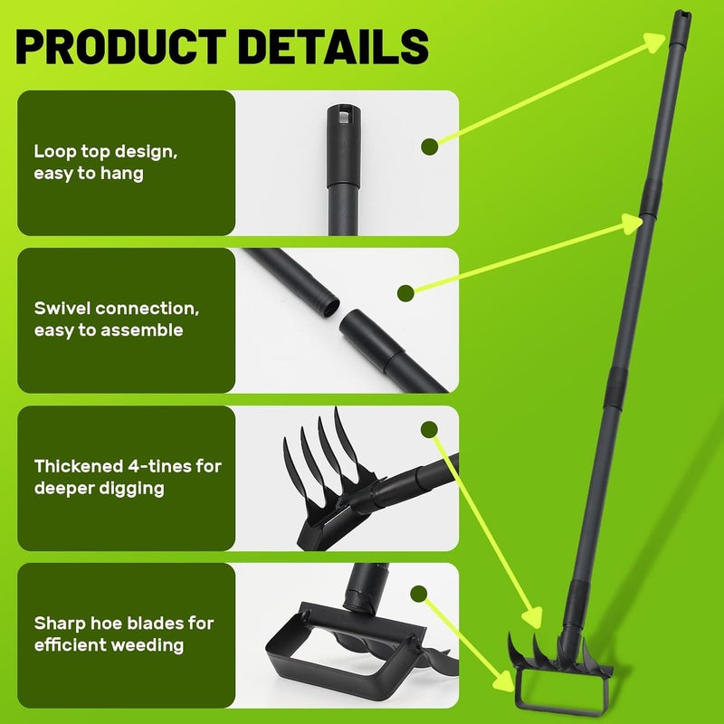 ABtool 2 in 1 Weeding Tools Gardening Weed Puller with Long Handle,Stirrup Hula Garden Hoe with 4 Tines Rake,Garden Tiller Cultivator with 62.6" Adjustable Handle for Weeding,Seeding,Ditching,Loosening - Image 3